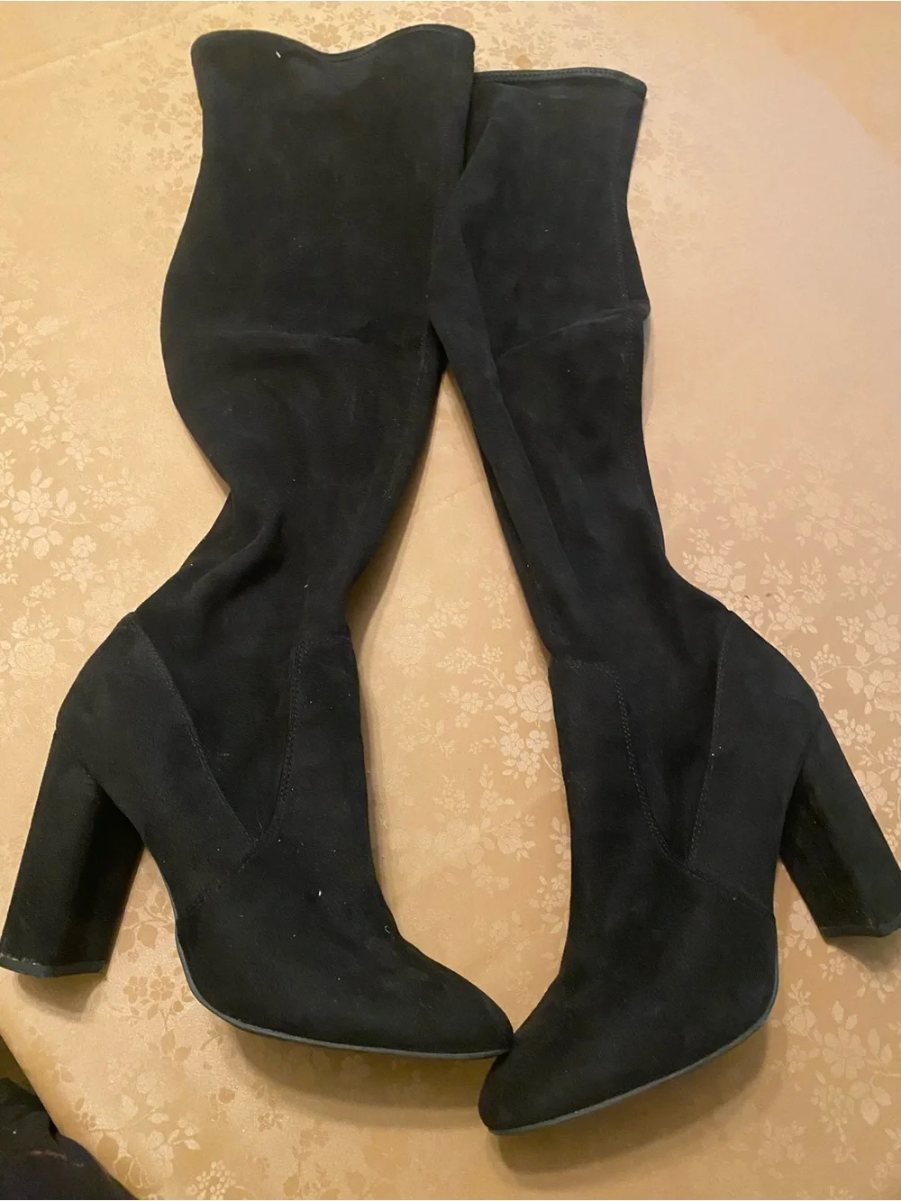 Women’s Black Suede Knee-High Block Heel Boots